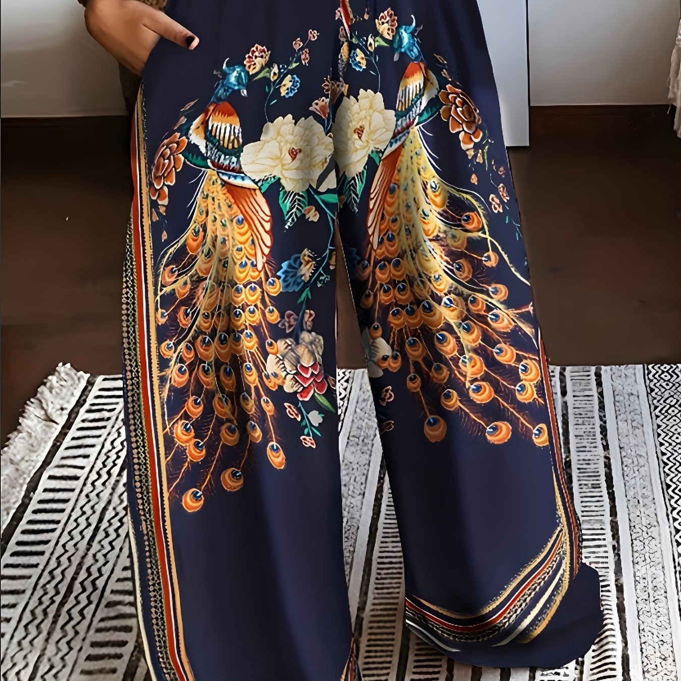 Peacock Print Wide Leg Pants Retro Drawstring Palazzo Pants