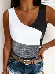 Colorblock Button Decor Tank Top V Neck Sleeveless Top