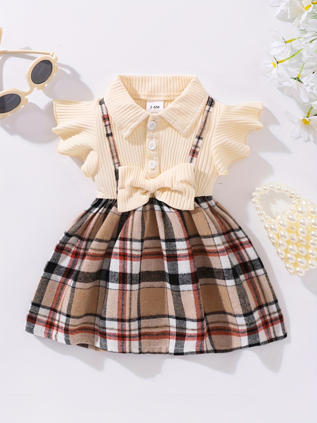 Girl's Casual Plaid Bowknot Flutter Sleeve Dress
