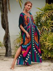 Butterfly Print Kaftan Cover Up Dress V Neck Loose Fit Short Sleeves