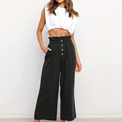 Solid Button Wide Leg Pants Casual Paper Bag Waist Pants