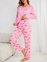 Rainbow Print Pajama Set Long Sleeve Crew Neck Top & Elastic Waistband Pants