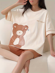 Bear Print Pajama Set Short Sleeve Crew Neck Top & Shorts Women's Sleepwear