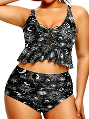Boho Bikini Set Sun & Moon Print Lace Ruffle Trim Two Piece Swimsuit