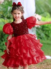 Girls Sequined Party Ball Dress With Bow Headband