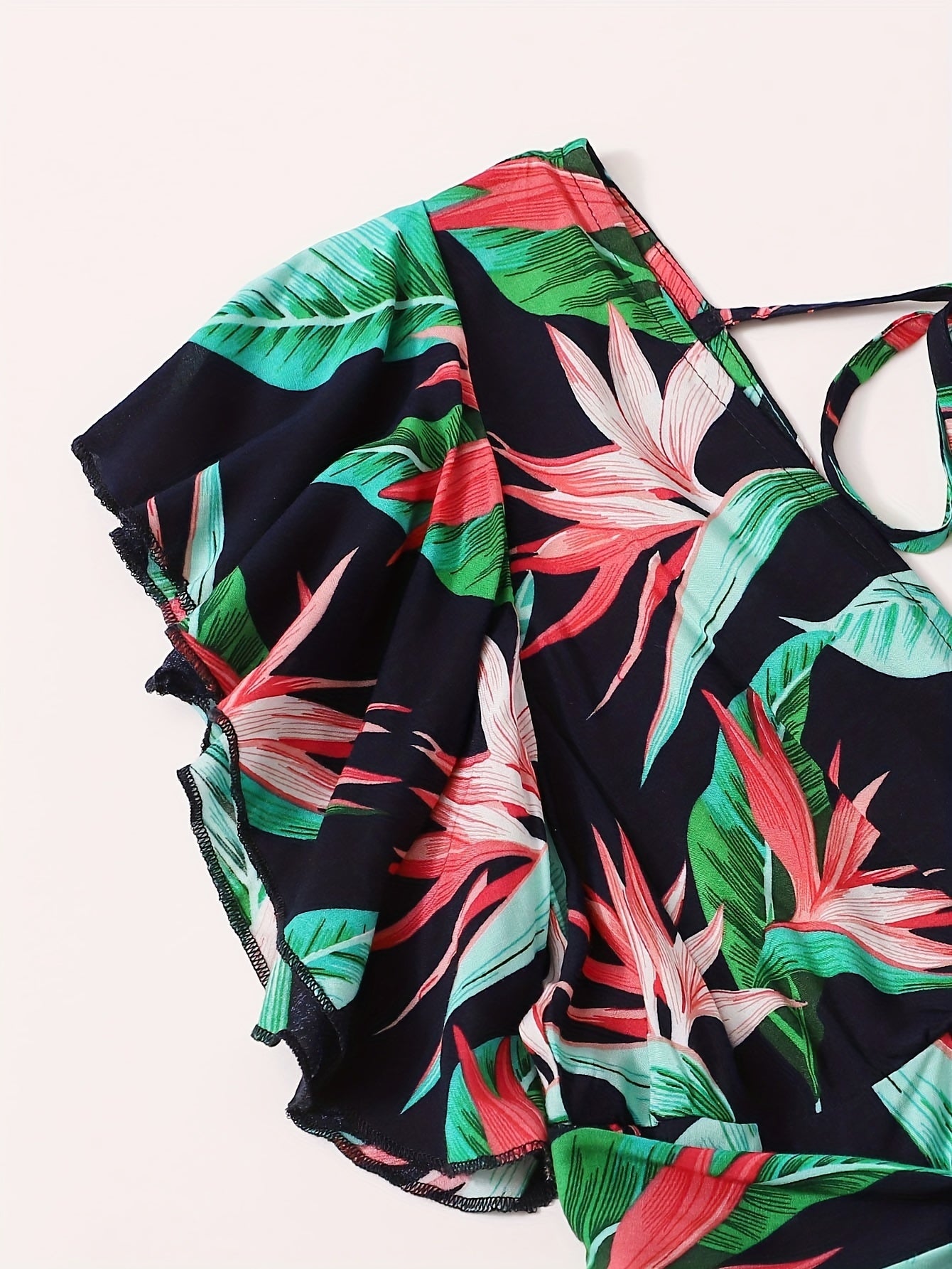 Women's Plus Tropical Print Ruffle Sleeve V Neck Knot Romper