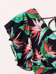 Women's Plus Tropical Print Ruffle Sleeve V Neck Knot Romper