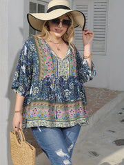 Floral Print Peplum Top Three Quarter Sleeve Blouse