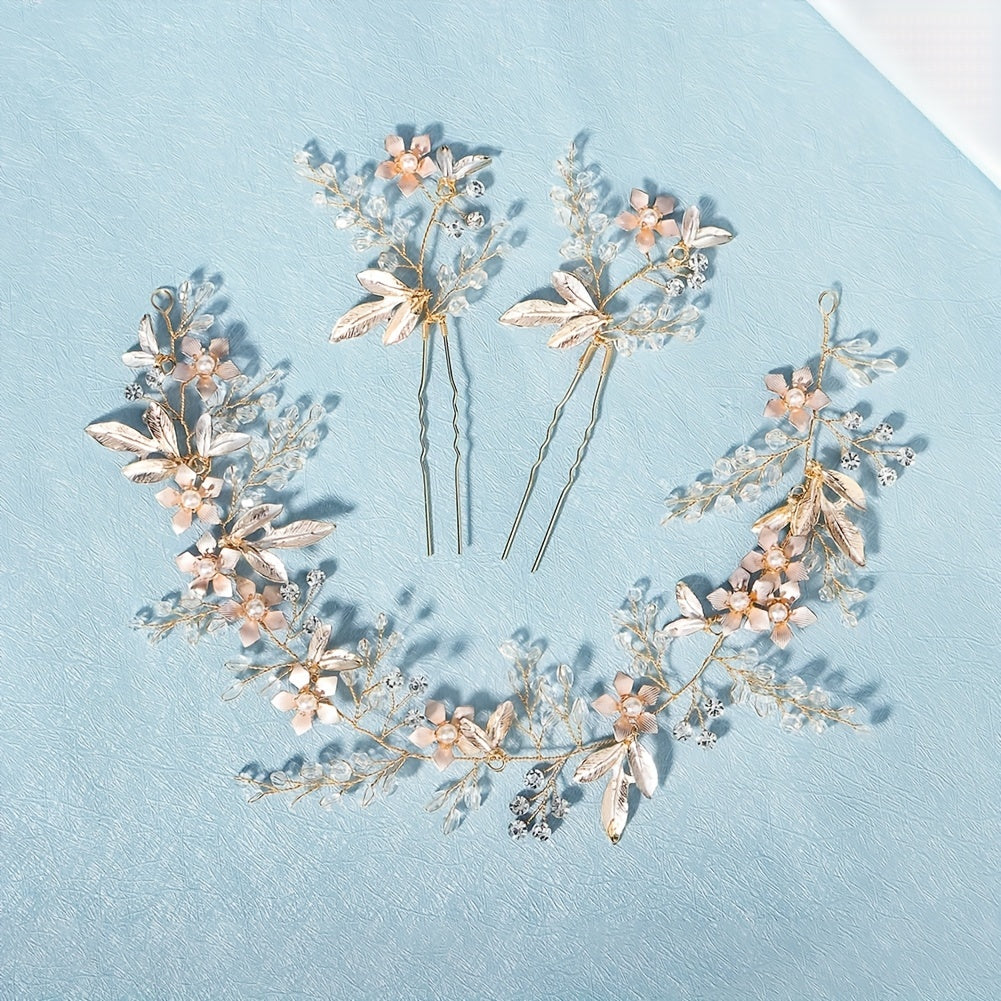 3pcs Flower & Crystal Bridal Headwear Hair Band & Pin