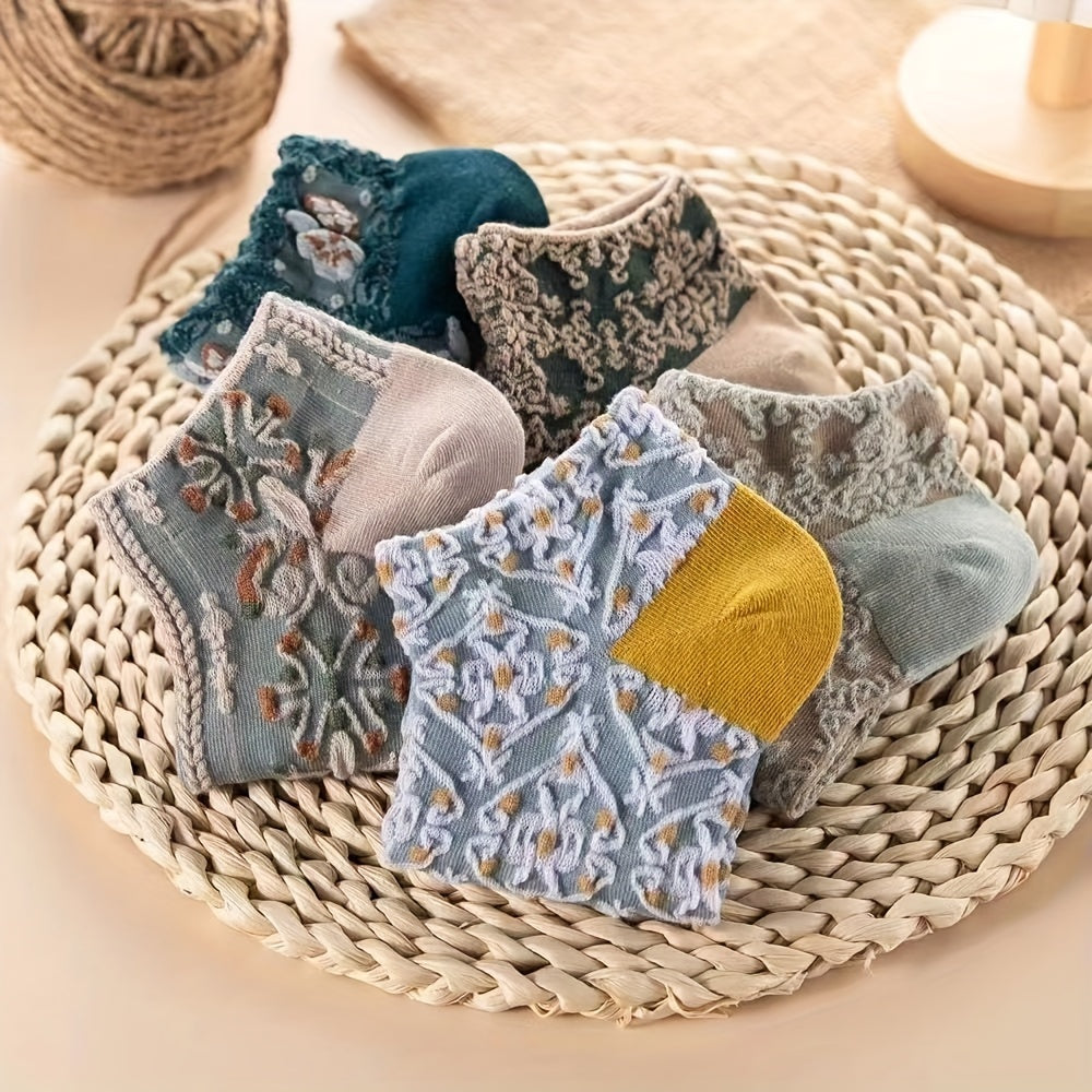 5 Pairs Floral Print Lightweight Ankle Socks Women's Stockings