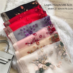 Silk Scarf Floral Embroidered Beaded Thin Scarves Shawl