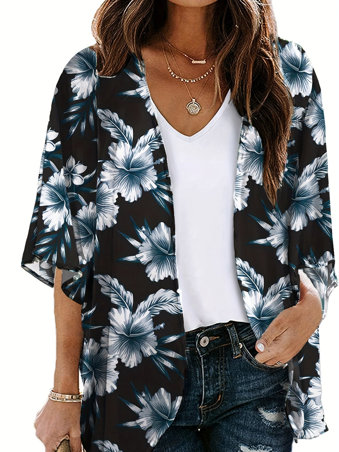 Tropical Print Cover Up Shirt V Neck Loose Fit Beachwear Women's Swimwear