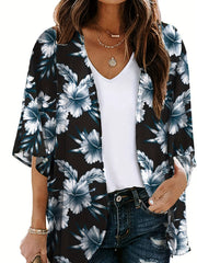 Tropical Print Cover Up Shirt V Neck Loose Fit Beachwear Women's Swimwear