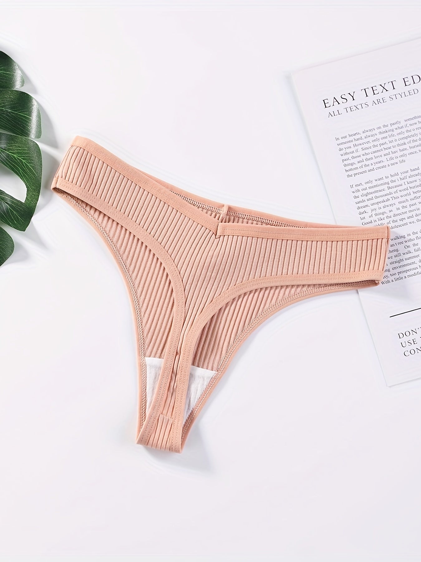 5pcs Solid Ribbed Thongs Soft & Comfy Stretchy Intimates Panties