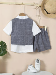 Boys Gentleman Outfits Short Sleeve Bowtie Shirt&Shorts&Vest Kids Clothing Set