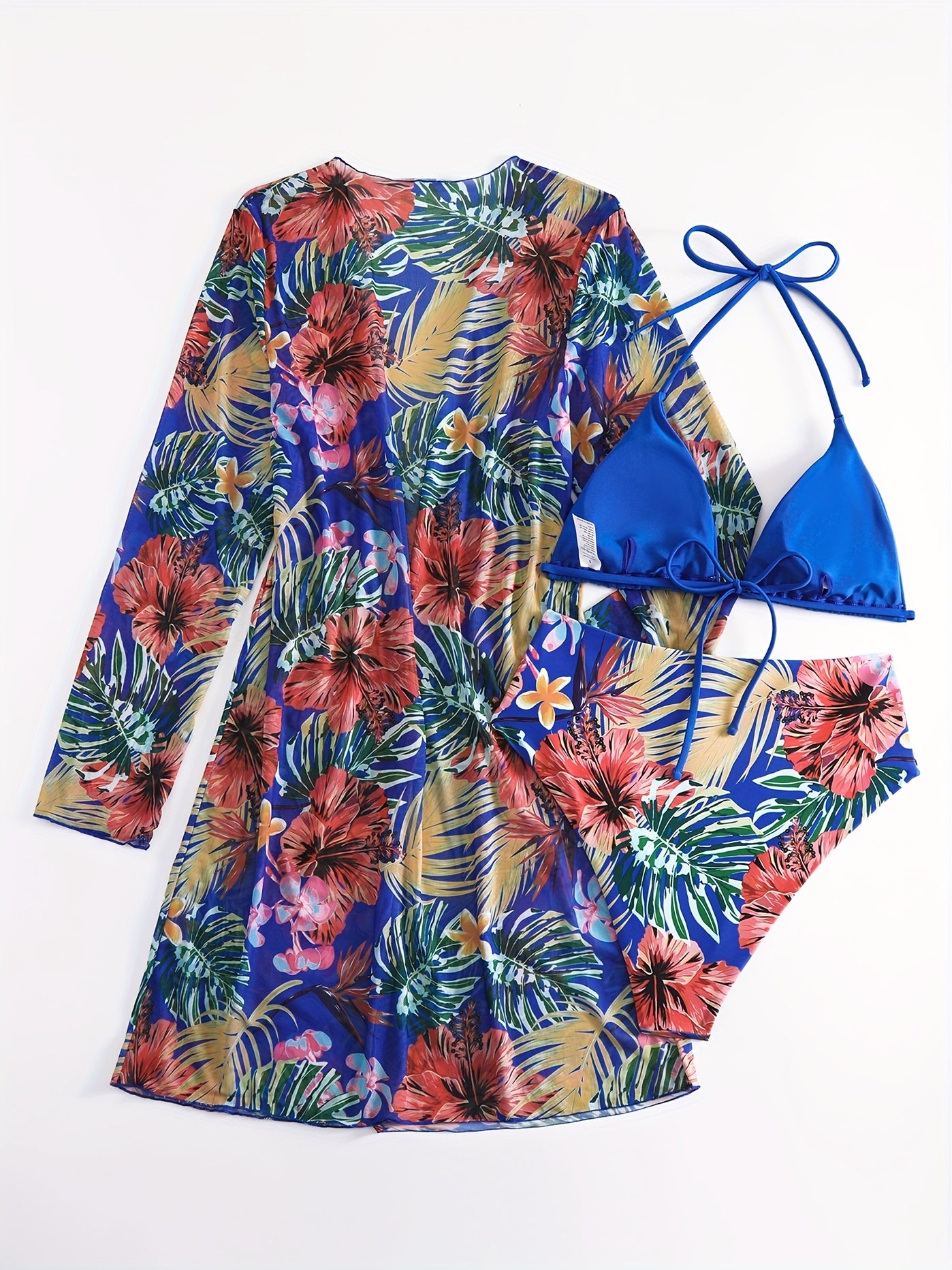 Tropical Print Bikini Halter V Neck Swimsuit Set Cover Up Shirt Women's Swimwear