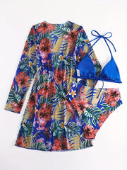 Tropical Print Bikini Halter V Neck Swimsuit Set Cover Up Shirt Women's Swimwear