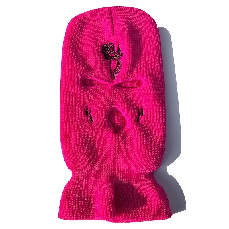 Rose Tears Embroidery Balaclava Hat Ski Mask Winter Soft Knit Warm