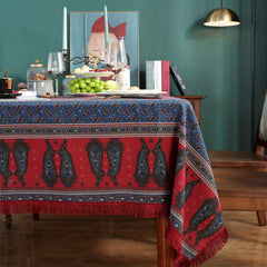 Christmas Cotton Tablecloth with Red Fringe Bohemian Printed Table Flag