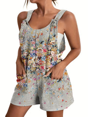 Floral Print Pocket Front Romper Casual Sleeveless Wide Leg Romper