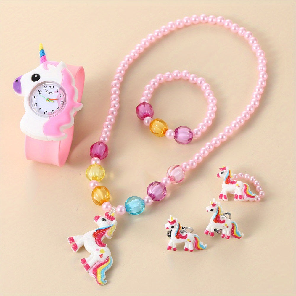 Unicorn Watch Necklace Hair Clips Bracelet Set Kids Birthday Christmas Gift