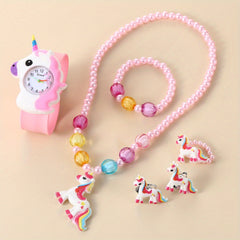 Unicorn Watch Necklace Hair Clips Bracelet Set Kids Birthday Christmas Gift