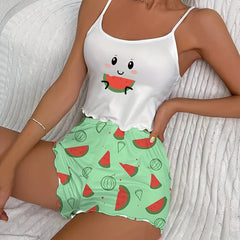 Cartoon Print Pajama Set - Crew Neck Cami Top & Shorts