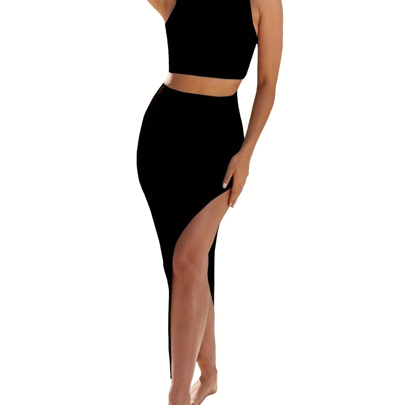 Casual 2pc Set Crew Neck Top & Split Skirt Outfit Women's Clothing
