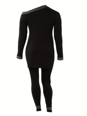 Long Sleeve One Shoulder Split Top & Leggings Two Piece Set