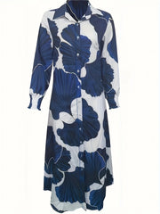 Casual Dress Women's Plus Leaf Print Button Up Lantern Sleeve