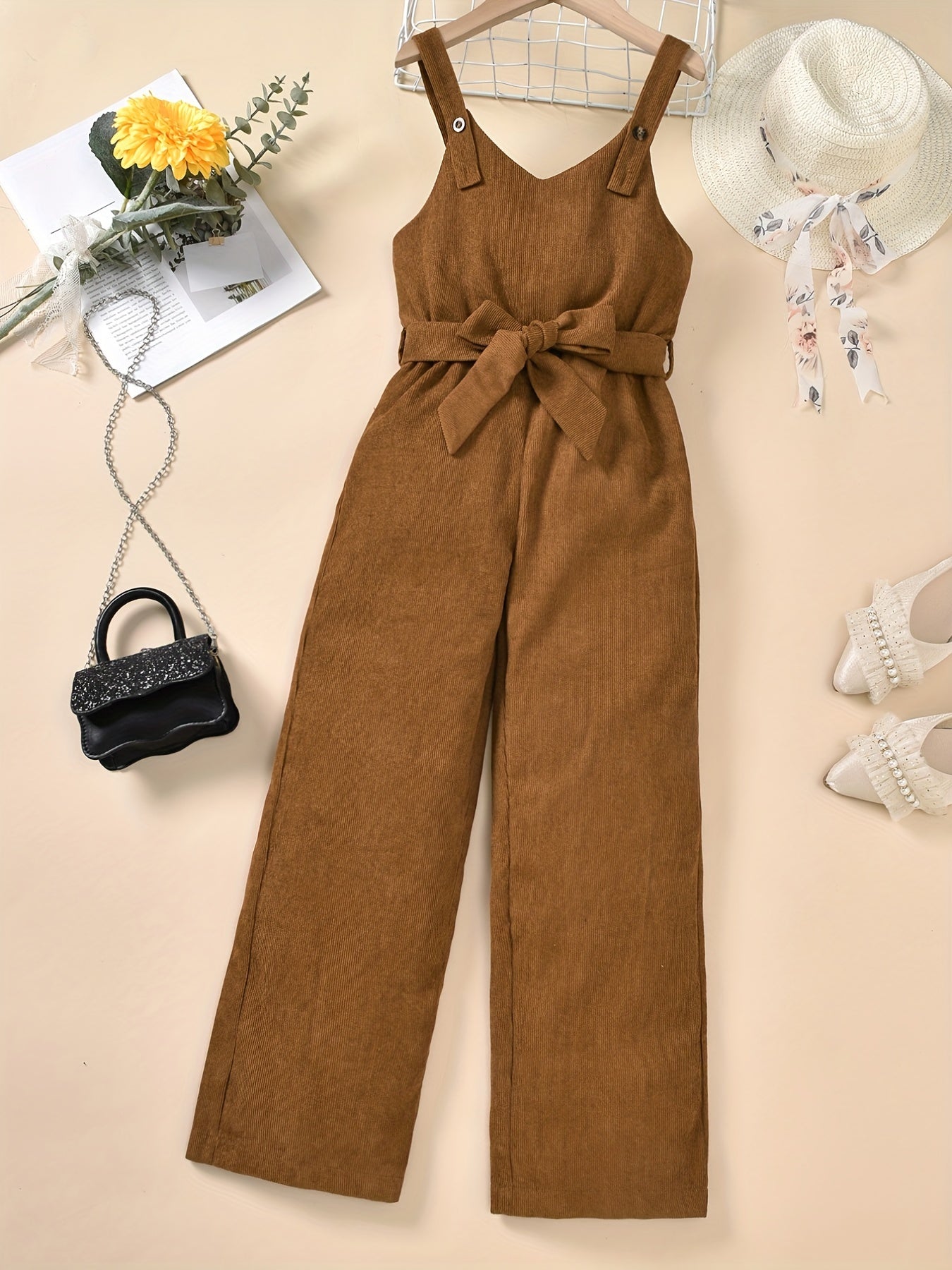 Kids Girls Suspender Overalls Casual Khaki Pants With Bow Belt