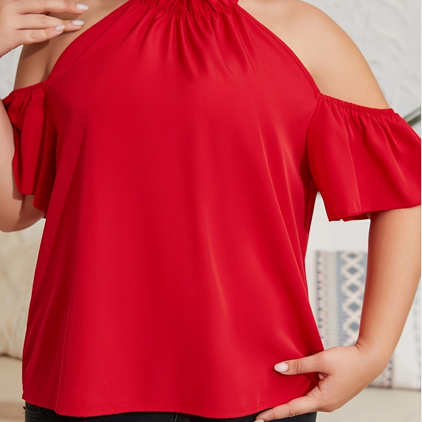 Cold Shoulder Butterfly Sleeve Halter Neck Blouse