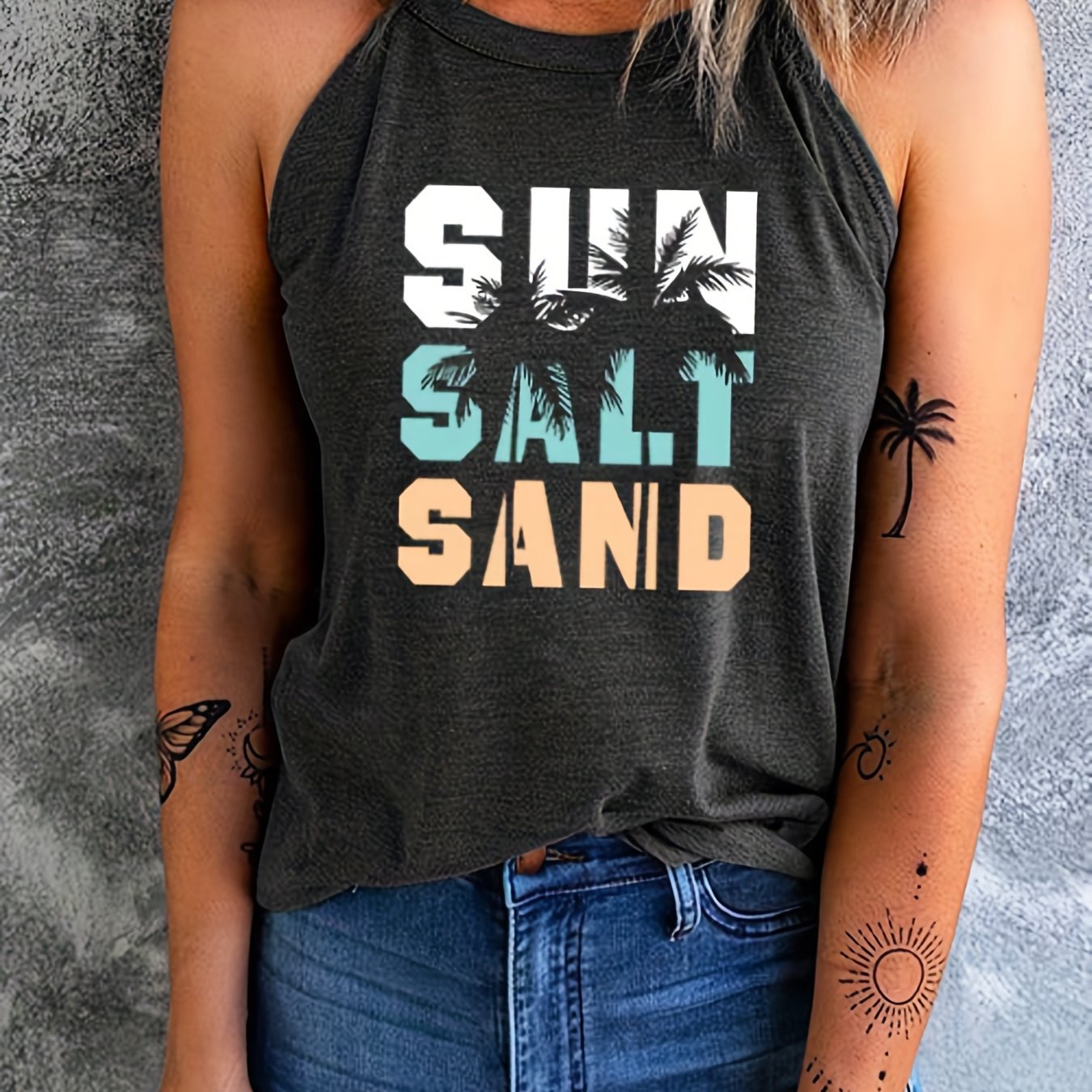 Coconut Tree & Letter Print Tank Top Casual Halter Neck Sleeveless Top