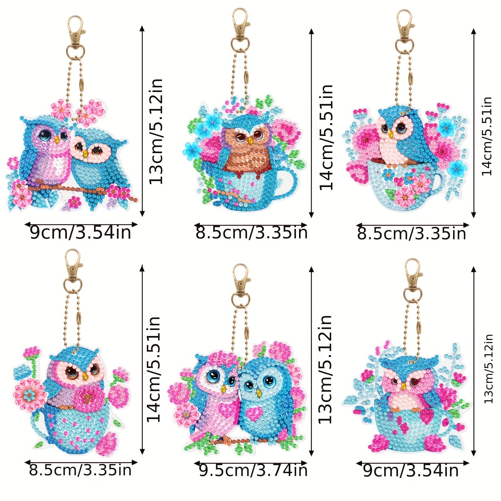 6pcs DIY Pink Owl Diamond Painting Keychain Kit