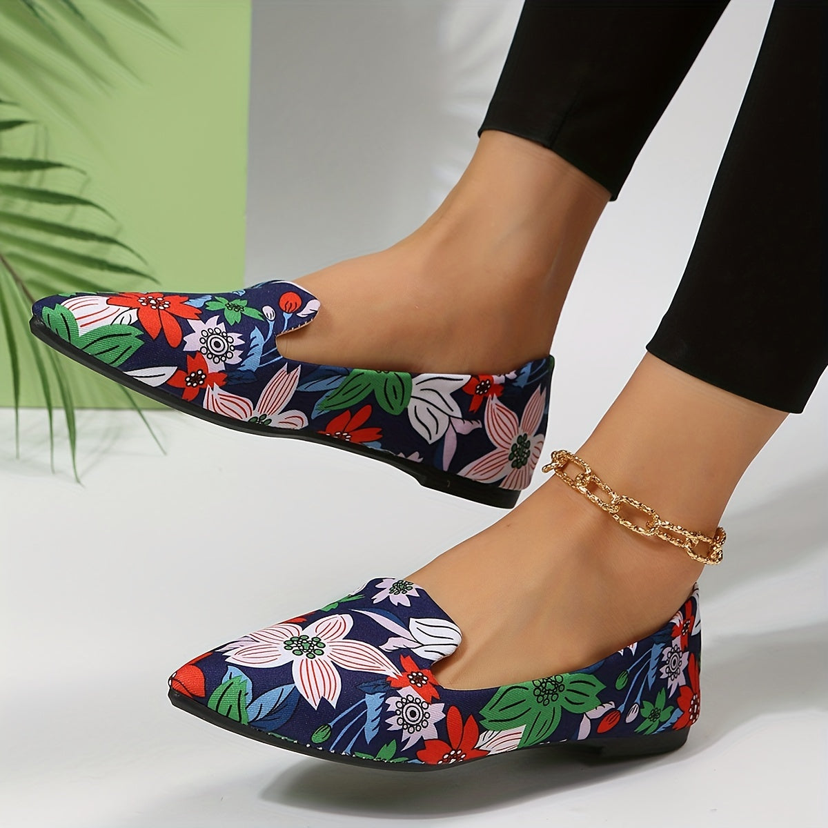 Floral Print Flat Shoes Pointed Toe Slip On Comfy Flats