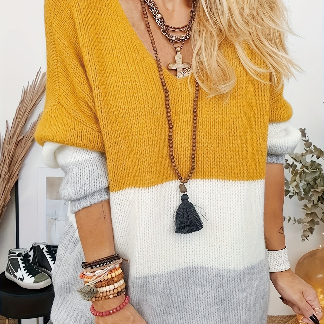 Colorblock V Neck Sweater Women's Casual Long Sleeve Pullover