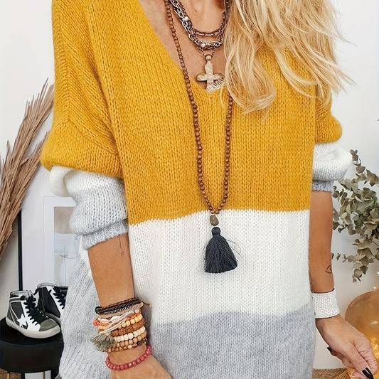 Colorblock V Neck Sweater Women's Casual Long Sleeve Pullover