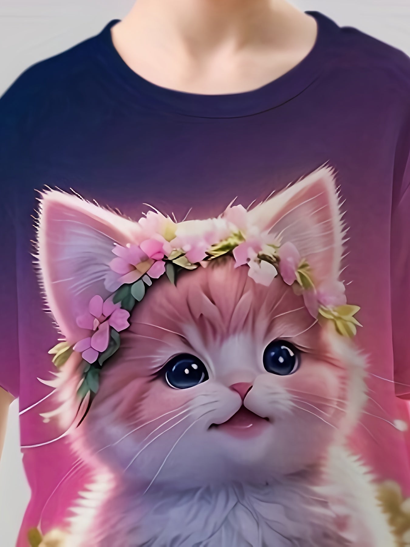 3D Flower Cat Graphic T-shirt Girls Casual Short Sleeve Tees Summer Clothes