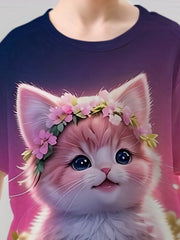3D Flower Cat Graphic T-shirt Girls Casual Short Sleeve Tees Summer Clothes