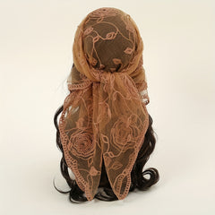 Rose Embroidery Gauze Square Scarf Lace Bandana Women Casual Head Wrap