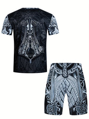 Men's 3D Print T-Shirt & Active Shorts Set for Fitness