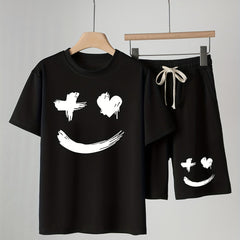Boys Smile Face Print T-shirt & Drawstring Shorts Set