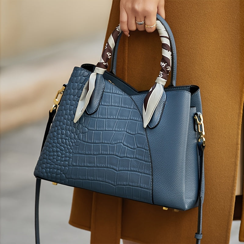 Crocodile Pattern Leather Tote Bag with Scarf Handle