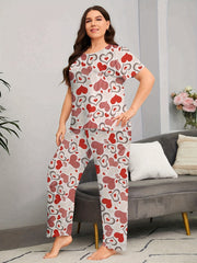 Heart Print Short Sleeve Top & Pants Pajama Set