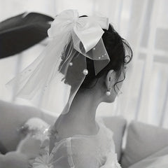 Short Bridal Head Veil with Comb & Bow - Wedding Accessory