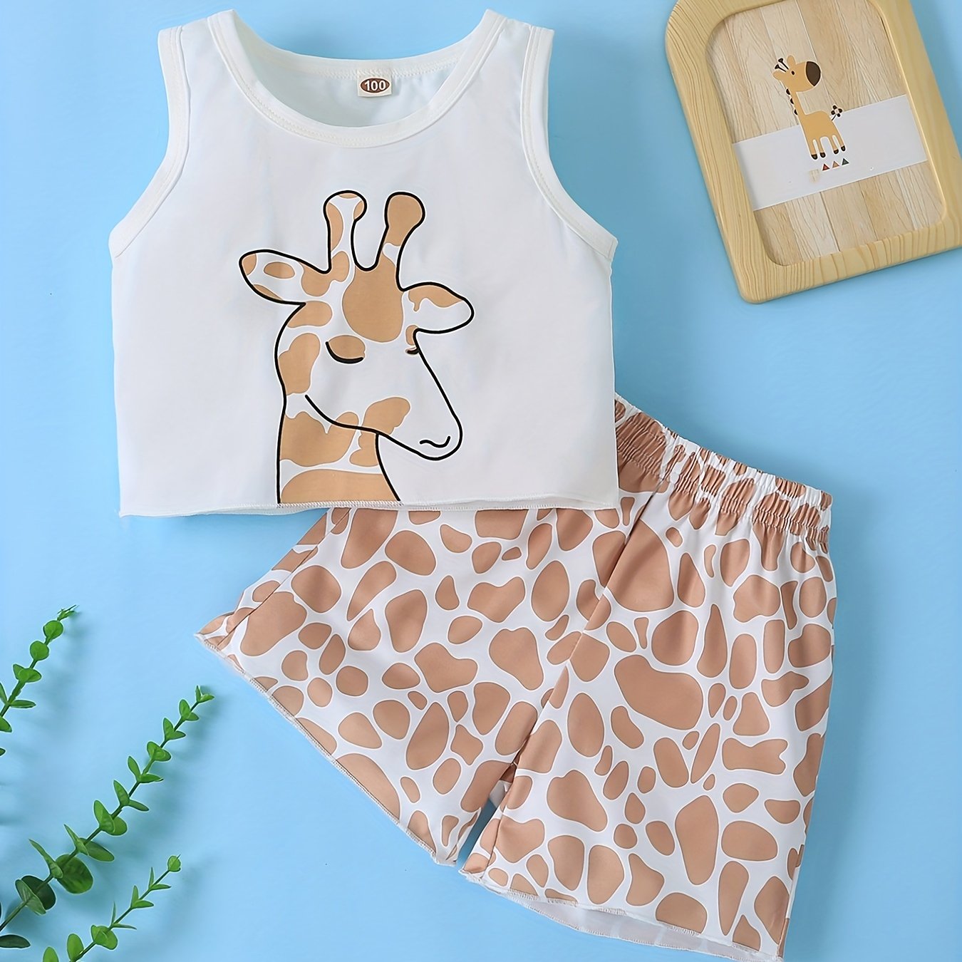 2pcs Giraffe Graphic Tank Crop Top & Shorts Set for Toddler Girls