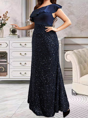 One Shoulder Ruffle Trim Maxi Formal Dress