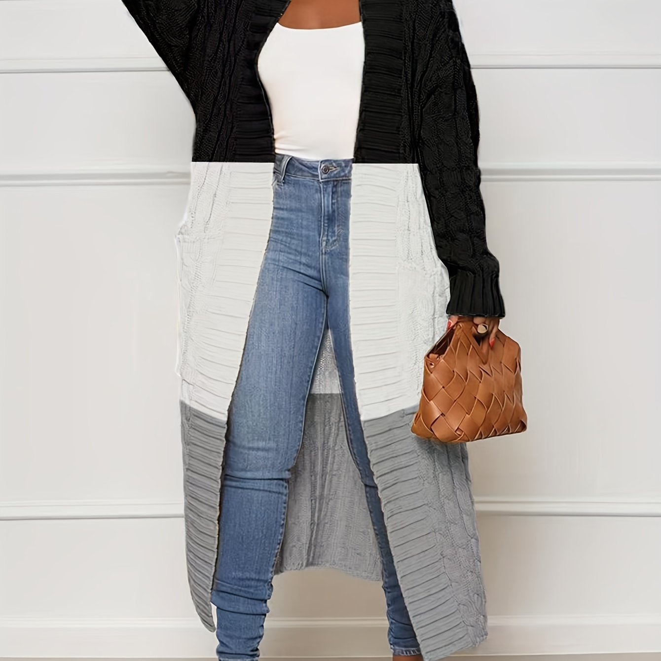 Colorblock Cable Long Sleeve Open Front Cardigan