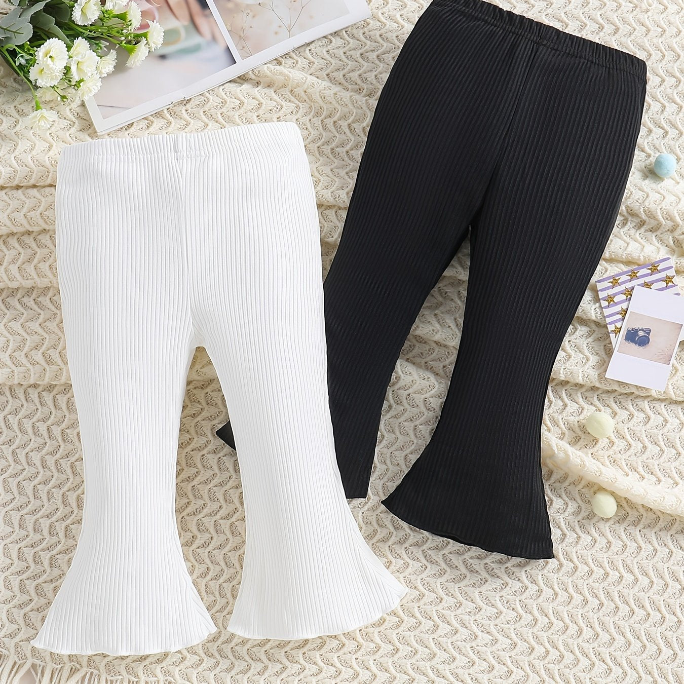 Cute Toddler Girls Flare Leg Pants Set 2pcs, Plain