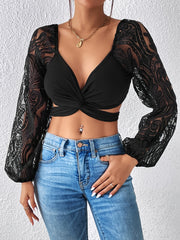 Sexy Lace Crop Top V Neck Top For Club & Party Women's Clothing